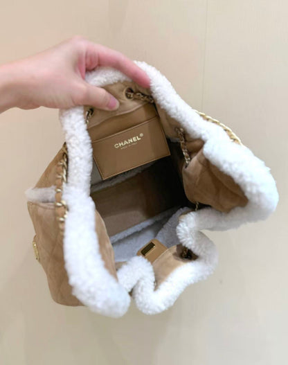 CC 25C Hobo Bag 30cm Brown White Suede Wool Gold Hardware