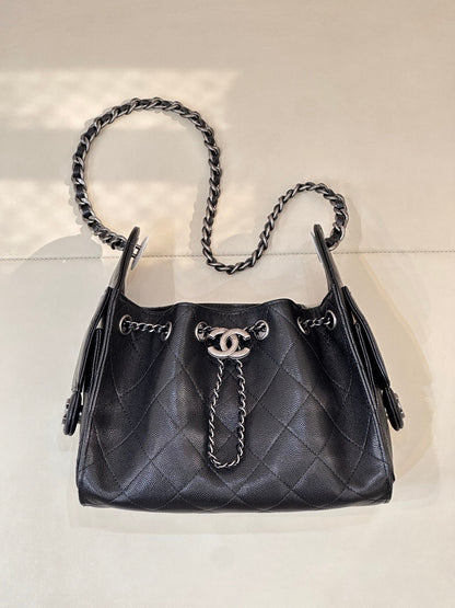 Chanel 2025 Hobo Bag 22cm Black Caviar Leather With Silver Hardware
