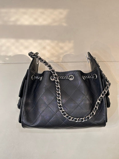Chanel 2025 Hobo Bag 22cm Black Caviar Leather With Silver Hardware