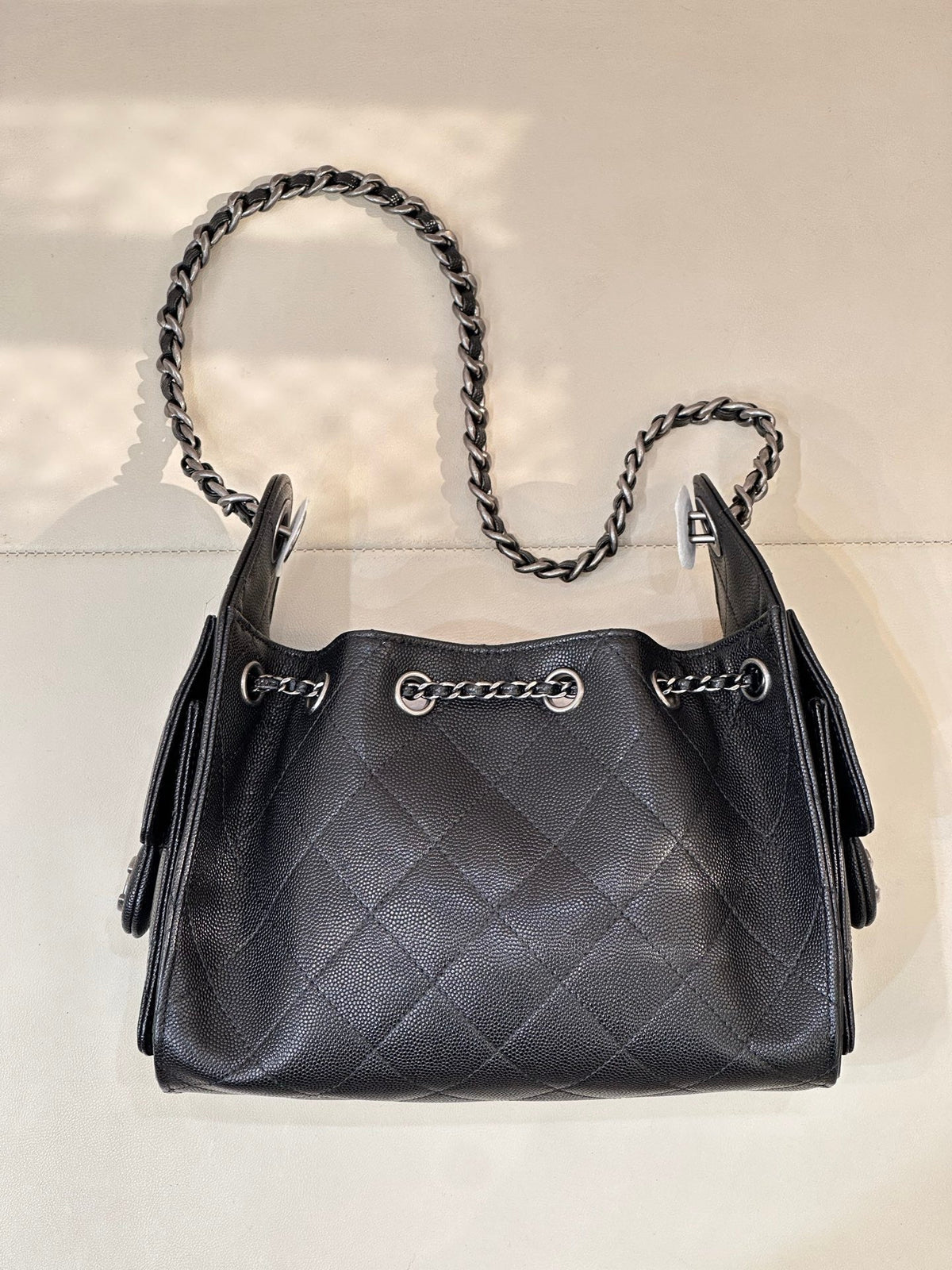Chanel 2025 Hobo Bag 22cm Black Caviar Leather With Silver Hardware