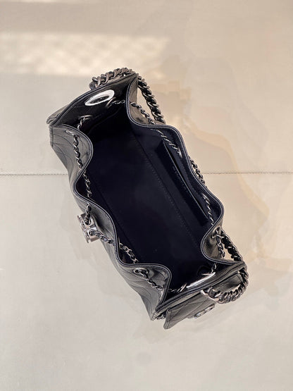 Chanel 2025 Hobo Bag 22cm Black Caviar Leather With Silver Hardware
