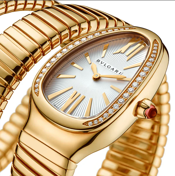 Bulgari Serpenti 35mm Tubogas 18k Yellow Gold Diamonds Silver Dial
