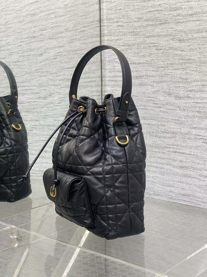 CD Caro Macrocannage Small Bucket Bag Black Lambskin