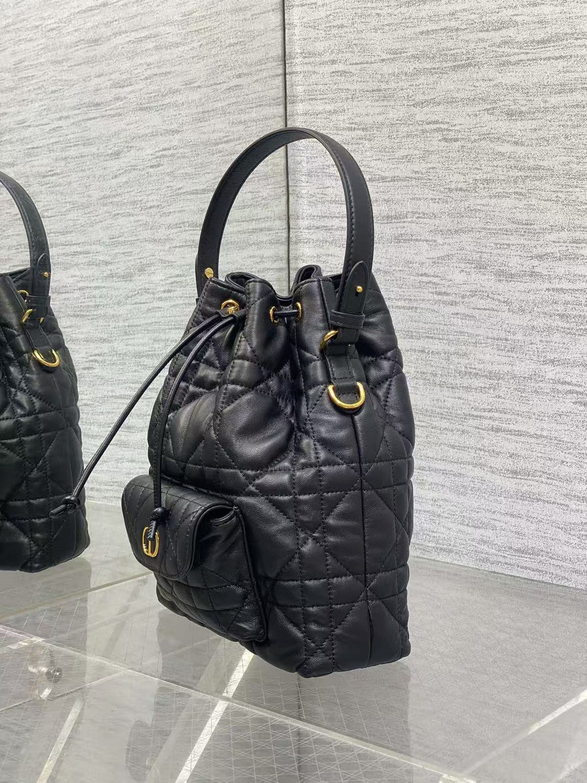 CD Caro Macrocannage Small Bucket Bag Black Lambskin