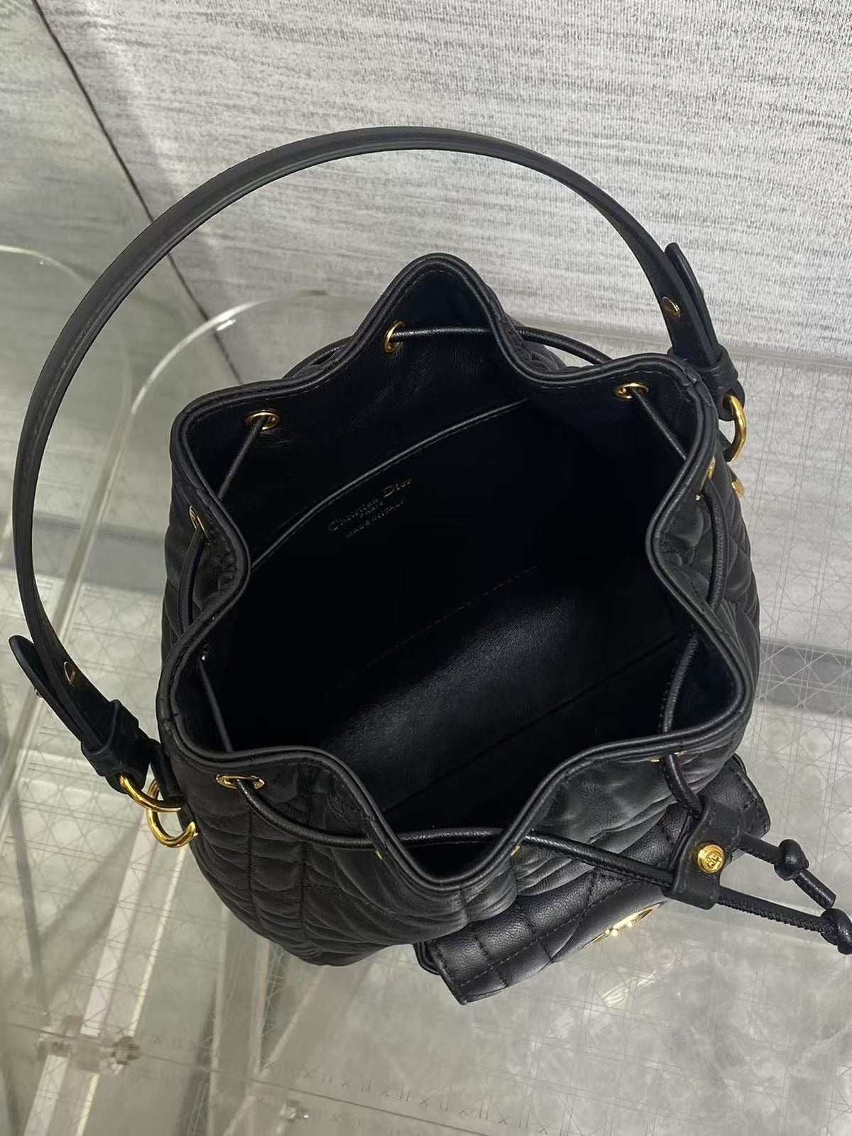 CD Caro Macrocannage Small Bucket Bag Black Lambskin