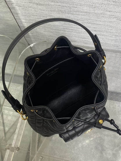 CD Caro Macrocannage Small Bucket Bag Black Lambskin