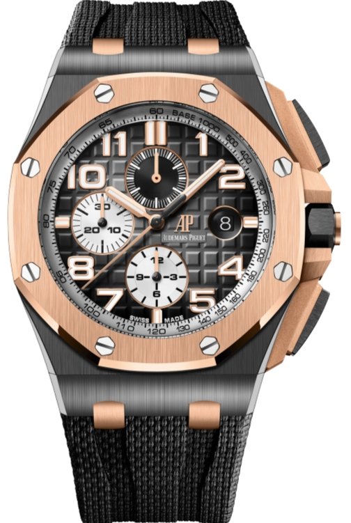 Audemars Piguet Royal Oak Offshore Selfwinding Chronograph - Stainless Steel - Black Dial - White Sub-Dial - Rose Gold Bezel - Ref# 26405NR.OO.A002CA.01