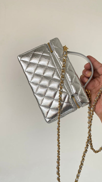 Chanel 25 Box Bag Silver Metallic Leather