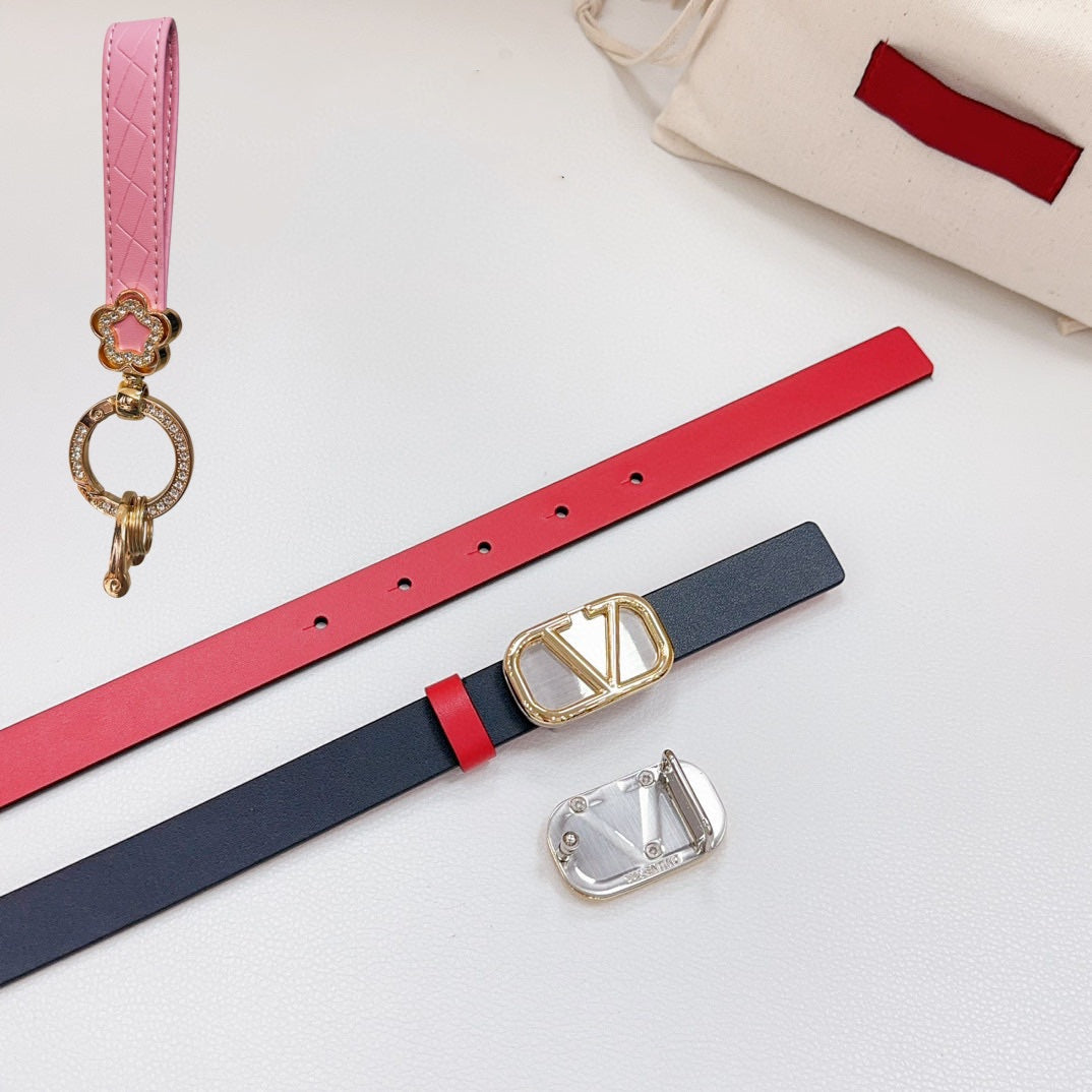 Gold Vlogo and Silver Hardware Buckle Black Red Calfskin 20mm