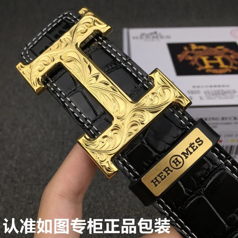 HM Belt 38mm Black Crocodile Leather Gold Buckle 619361