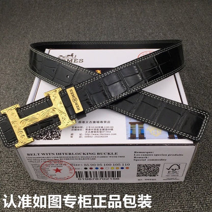 HM Belt 38mm Black Crocodile Leather Gold Buckle 619361