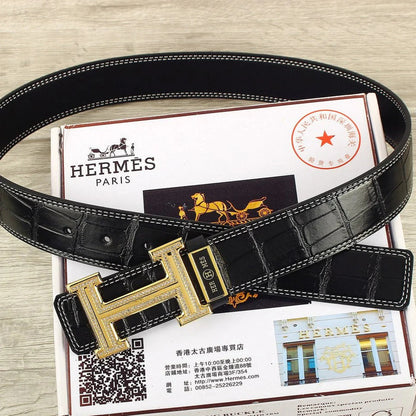 HM Original Belt 38mm Crocodile Embossed Black Pattern Gold Buckle Leather 620264
