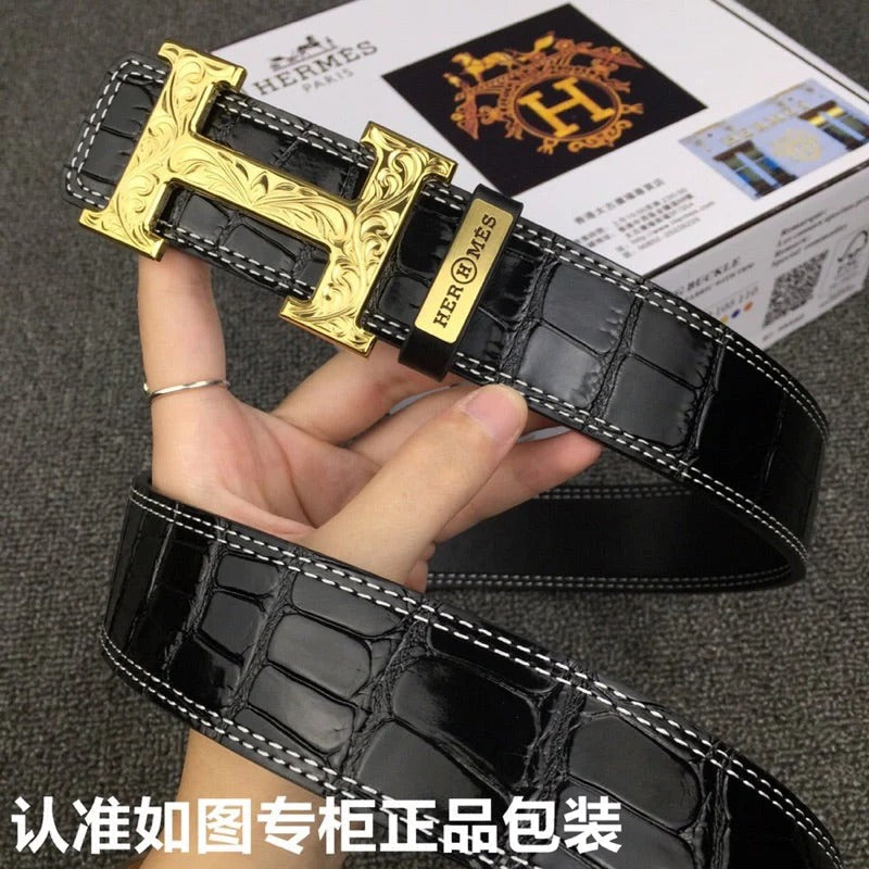 HM Belt 38mm Black Crocodile Leather Gold Buckle 619361