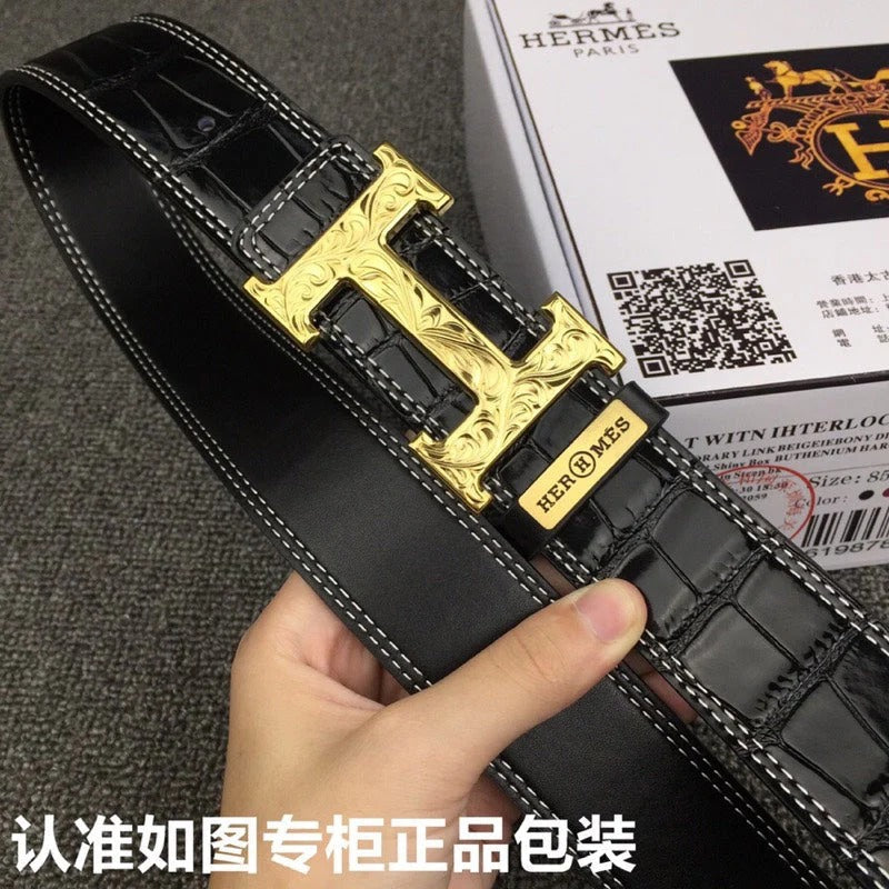 HM Belt 38mm Black Crocodile Leather Gold Buckle 619361