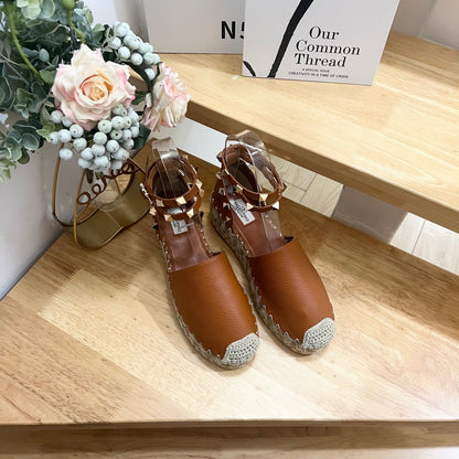 Valentino Rockstud Espadrille Sandals Brown Leather 240599