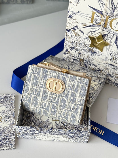 CD 30 Montaigne Dahlia Wallet 12cm Grey Beige Fabric & Calfskin Jacquard