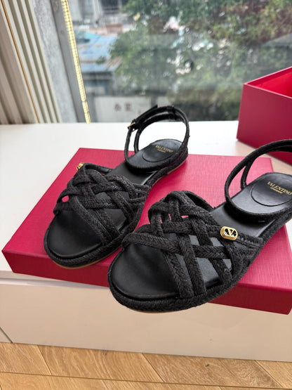VLogo Bribri Espadrille Sandals Black Raffia Leather 933617