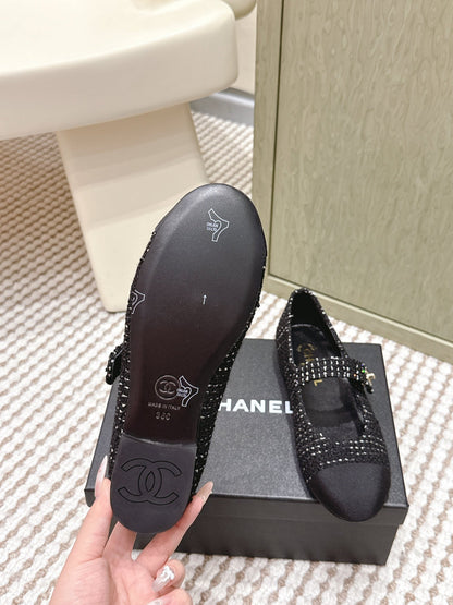 Chanel 25s Mary Jane Flat In Black Tweed With Cap Toe Gold Hardware