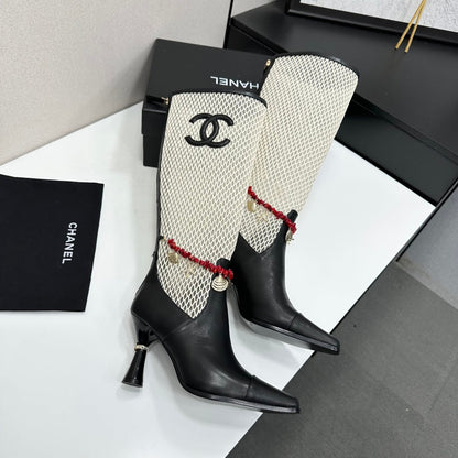 CC 26s Knee-High Boots Seashell Charms White Black Mesh Leather 944680