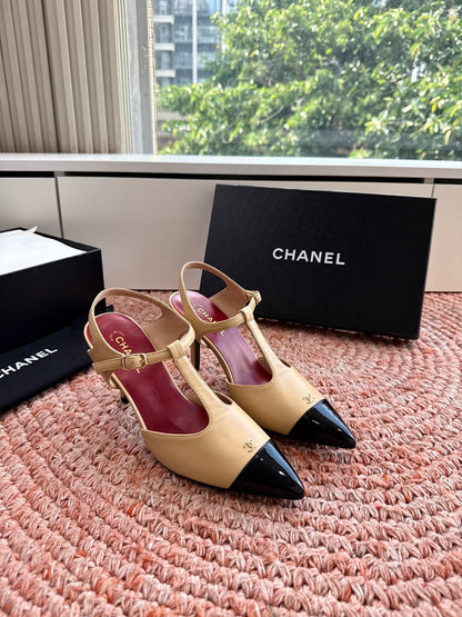 CC 26s T-Strap Slingback Pumps Beige Black Leather 933225