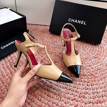 CC 26s T-Strap Slingback Pumps Beige Black Leather 933225
