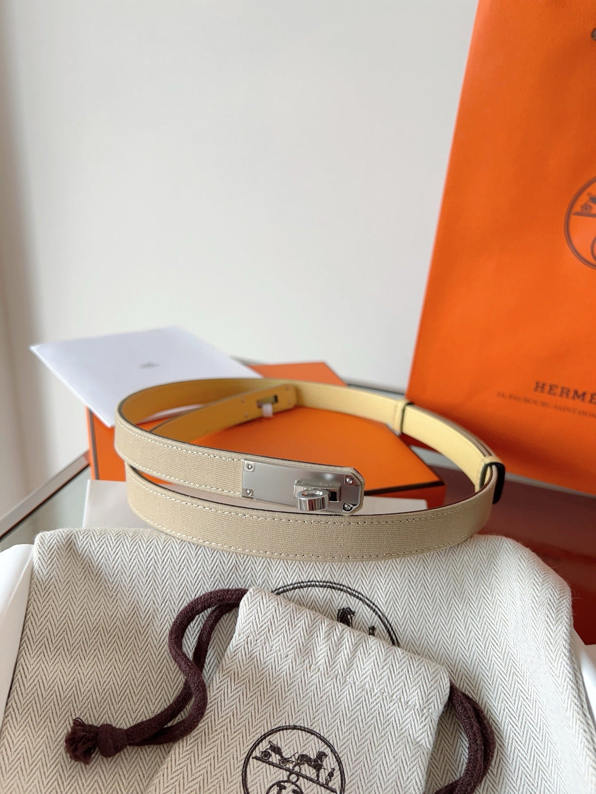HM Kelly Belt 18mm Beige Canvas Epsom Leather Silver Buckle