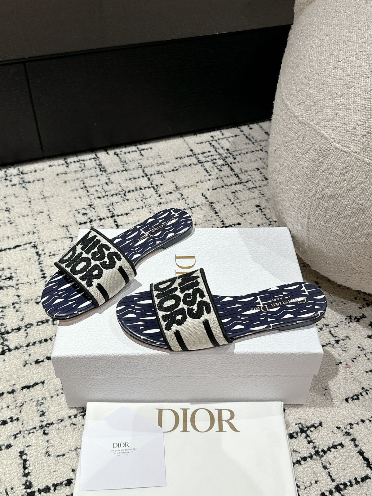 CD Dway Slide Deep Blue Mix White Black Embroidered Cotton