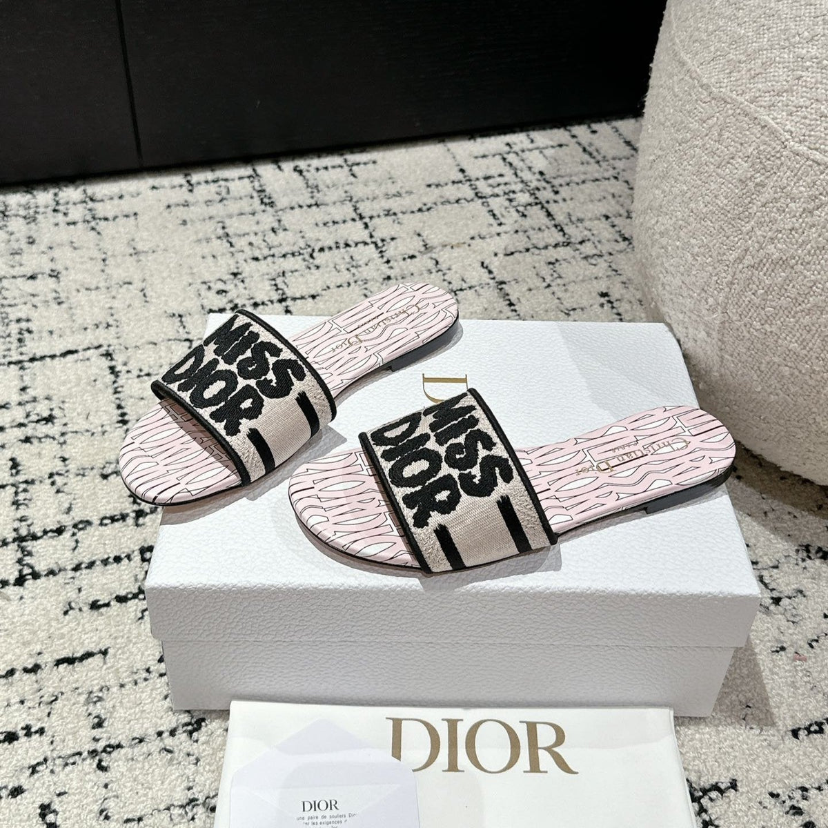CD Dway Slide Pink Mix Black Embroidered Cotton