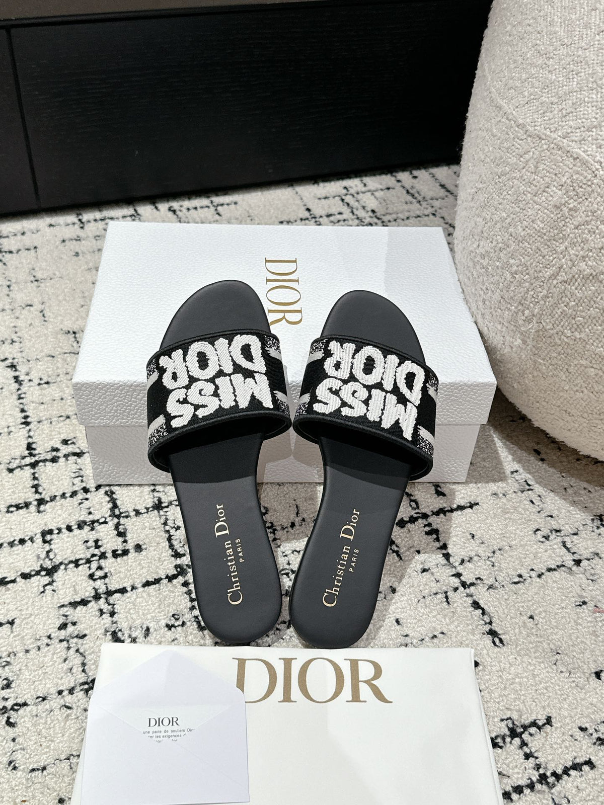 CD Dway Slide Black Mix White Embroidered Cotton