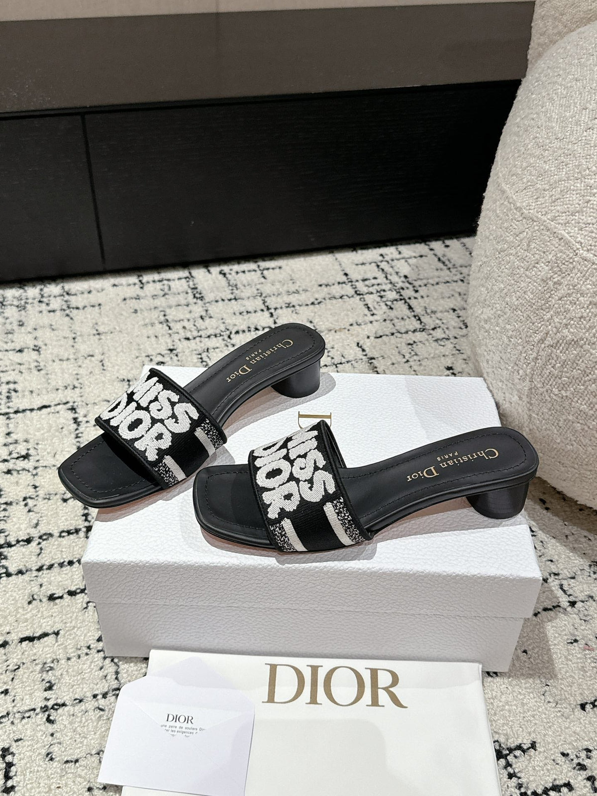 CD Dway Heeled Slide Black Mix White Embroidered Cotton