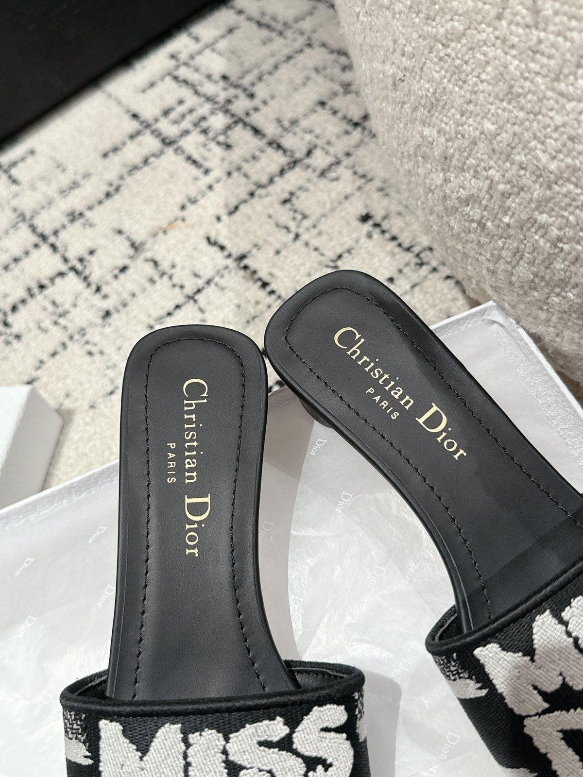 CD Dway Heeled Slide Black Mix White Embroidered Cotton