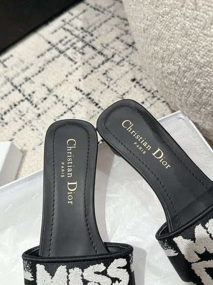 CD Dway Heeled Slide Black Mix White Embroidered Cotton