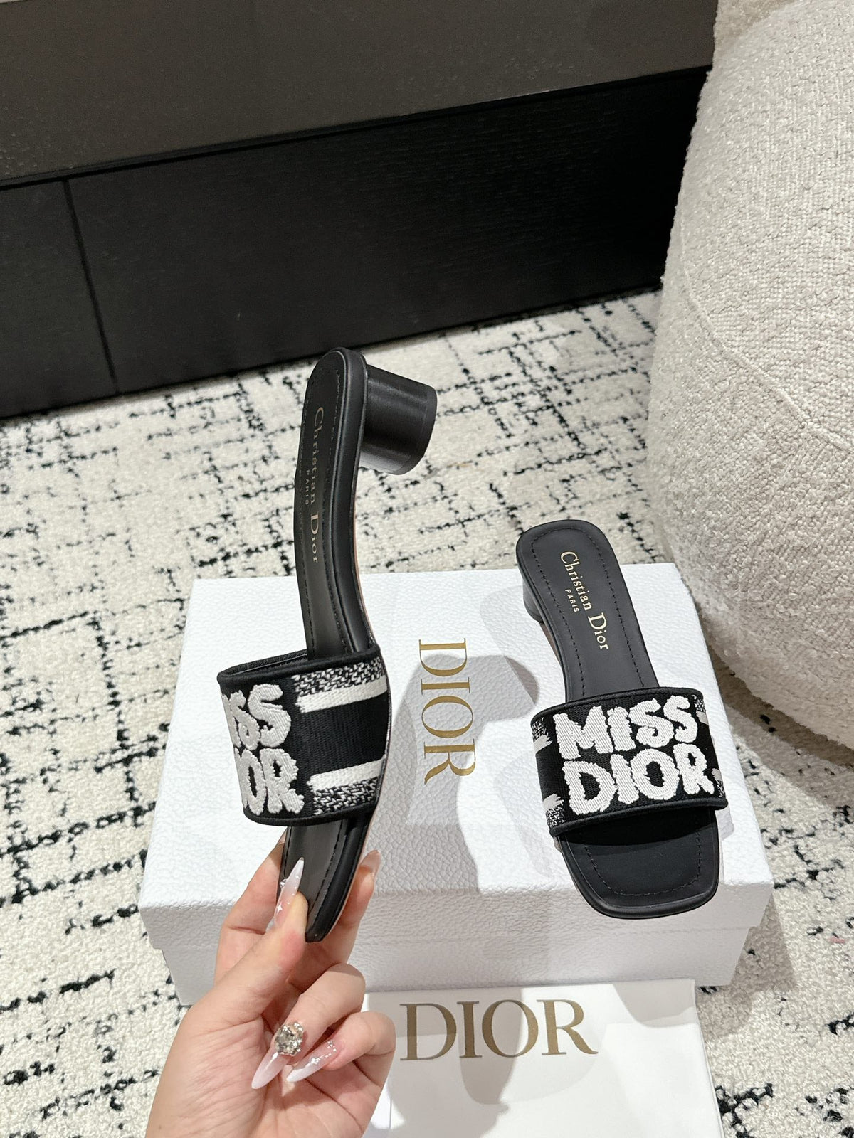 CD Dway Heeled Slide Black Mix White Embroidered Cotton