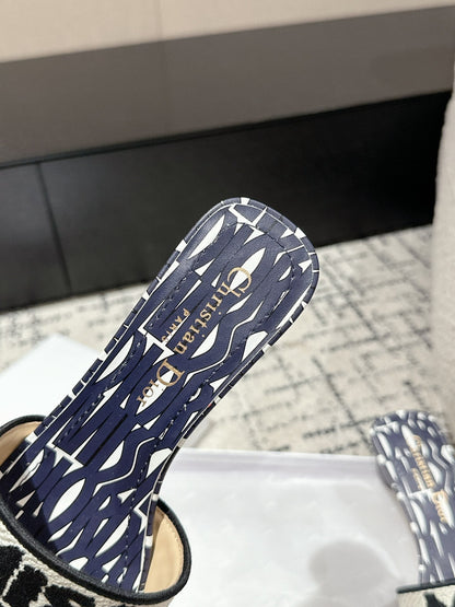 CD Dway Heeled Slide Deep Blue Mix Black White Embroidered Cotton