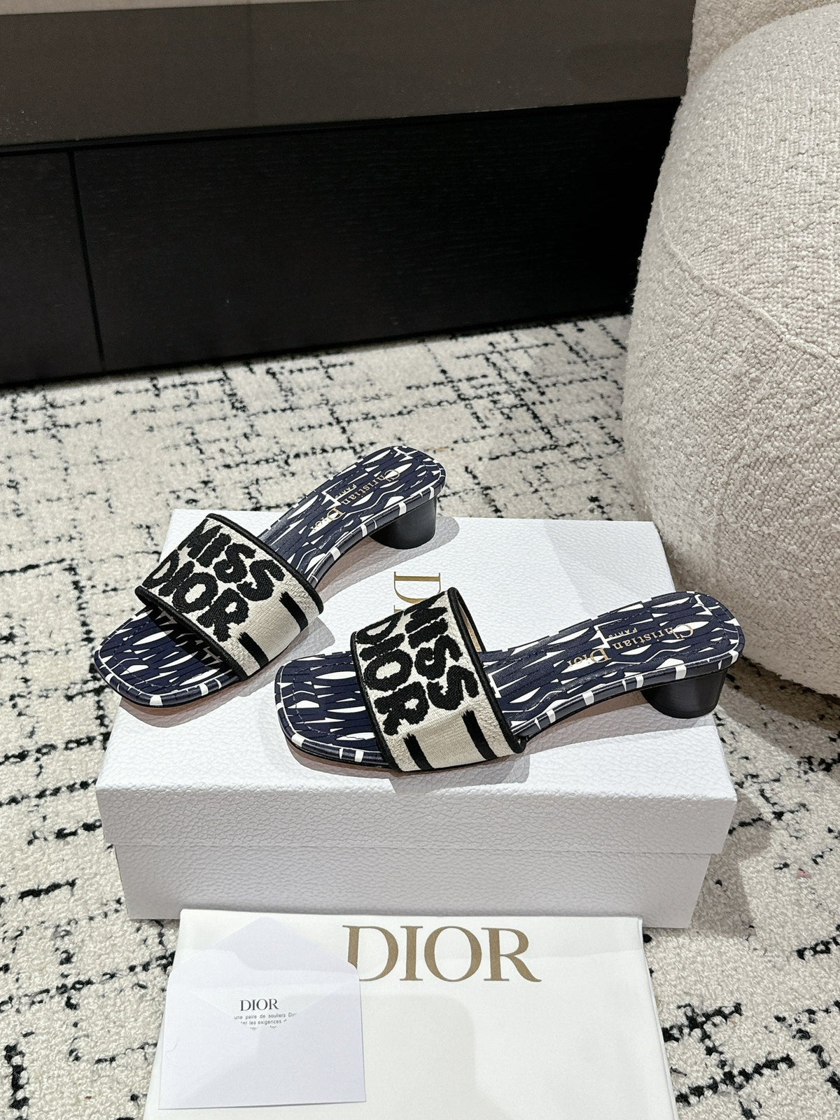 CD Dway Heeled Slide Deep Blue Mix Black White Embroidered Cotton