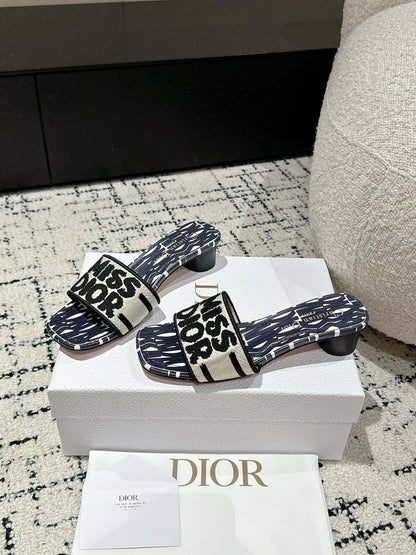 CD Dway Heeled Slide Deep Blue Mix Black White Embroidered Cotton