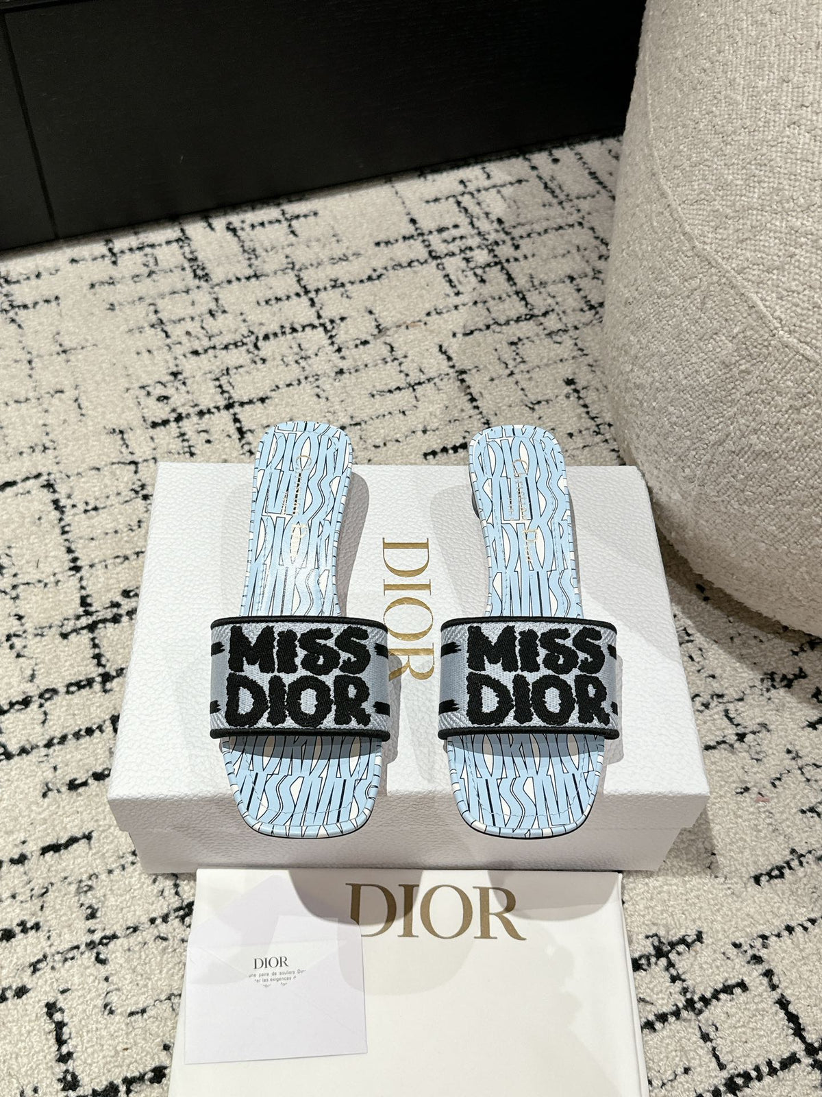 CD Dway Heeled Slide Blue Black Embroidered Cotton