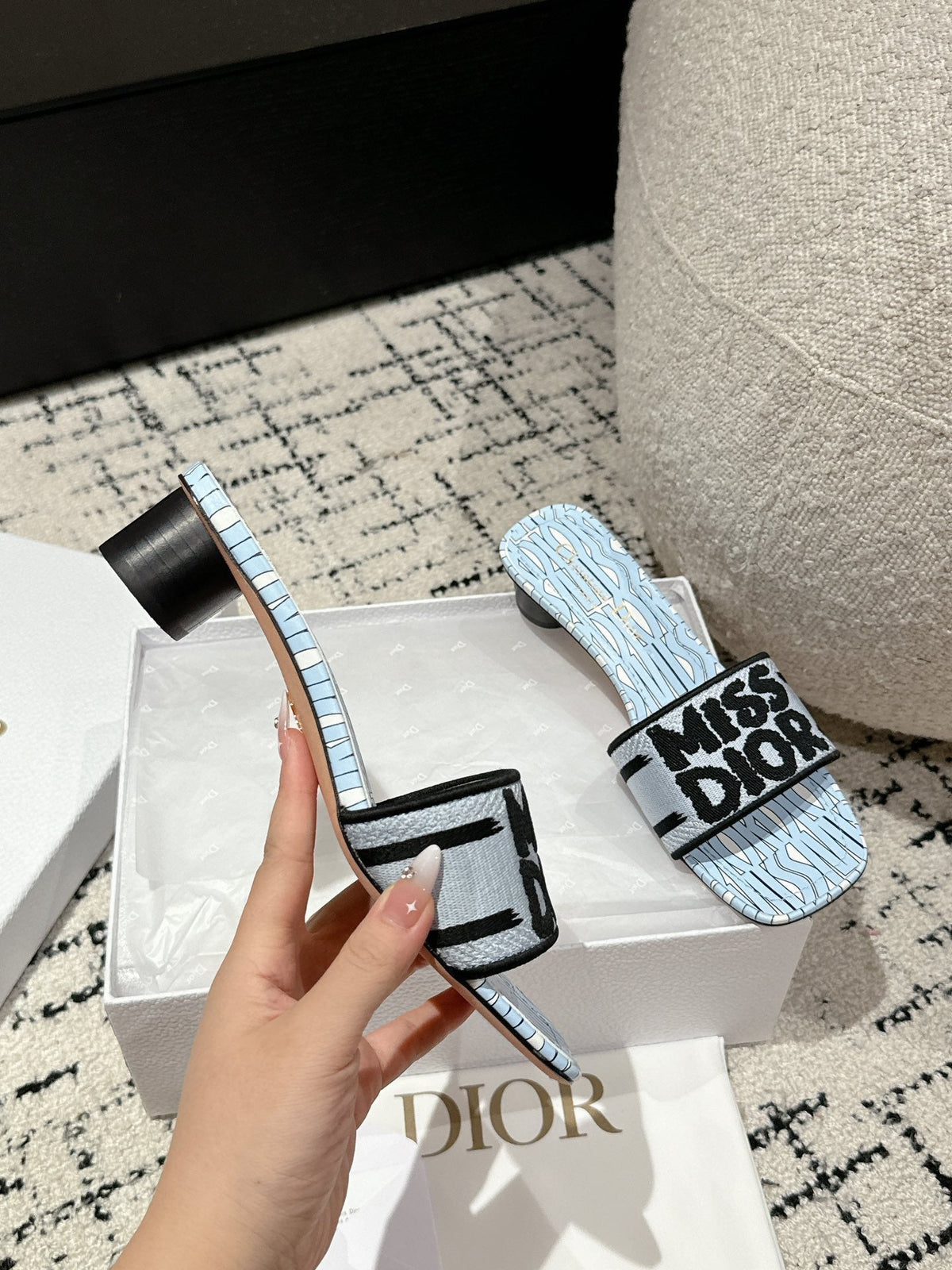 CD Dway Heeled Slide Blue Black Embroidered Cotton