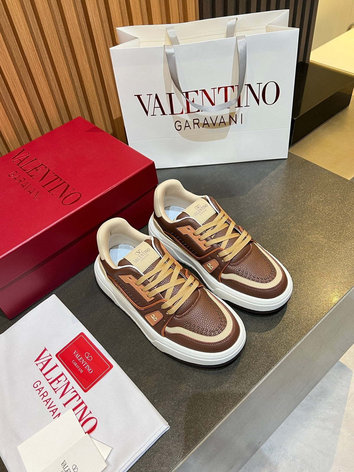 VT 26s Upvillage Trainers Brown Beige White Leather Studded 105514