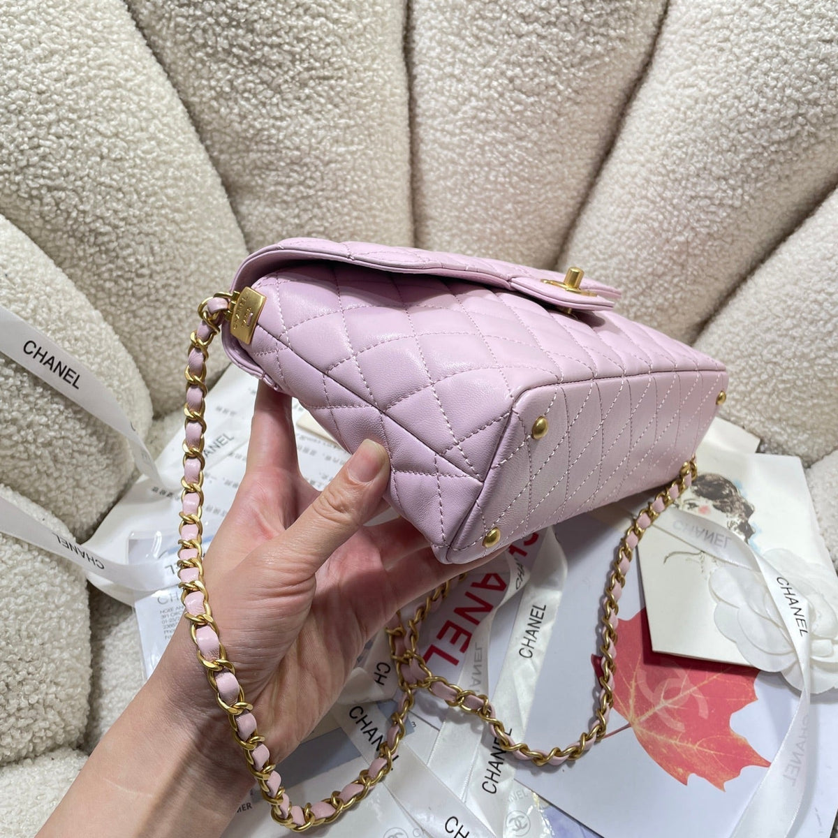 CC 25P Medium Flap Bag 25cm Top Handle Pink Calfskin Gold Hardware