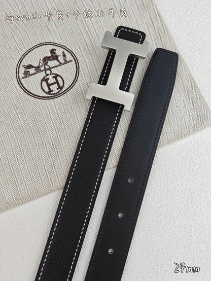 H Guillochee Buckle Belt 2.4cm Black Espom 211244