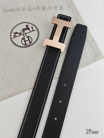 H Guillochee Buckle Belt 2.4cm Black Espom 211244