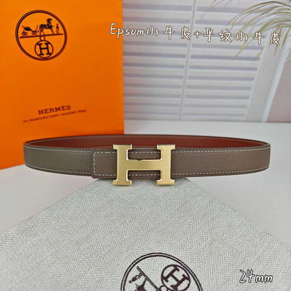 H Guillochee Buckle Belt 2.4cm Tan Taupe  Espom 211234