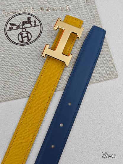 H Guillochee Buckle Belt 2.4cm Yellow Blue Espom 211233