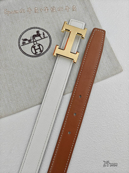 H Guillochee Buckle Belt 2.4cm Tan White Espom 211232