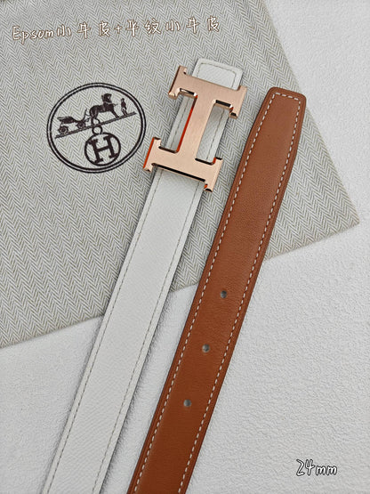 H Guillochee Buckle Belt 2.4cm Tan White Espom 211232