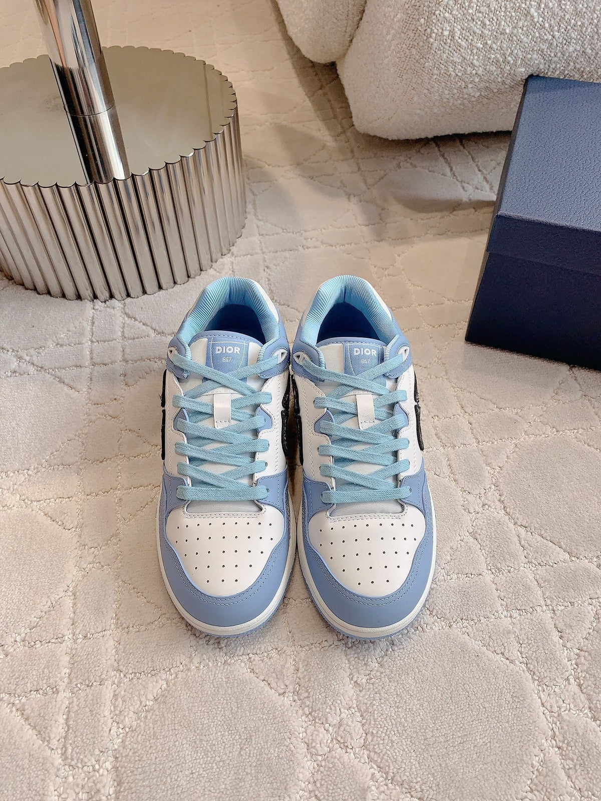 CD B57 Mid-Top Sneaker White Mix Light Blue Calfskin And Oblique Jacquard