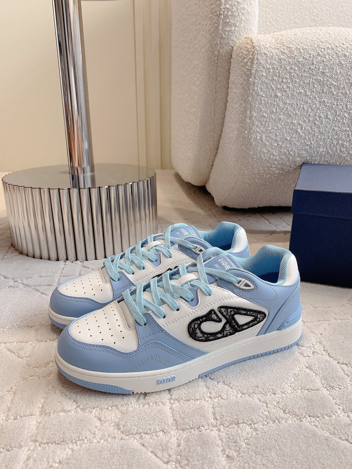 CD B57 Mid-Top Sneaker White Mix Light Blue Calfskin And Oblique Jacquard