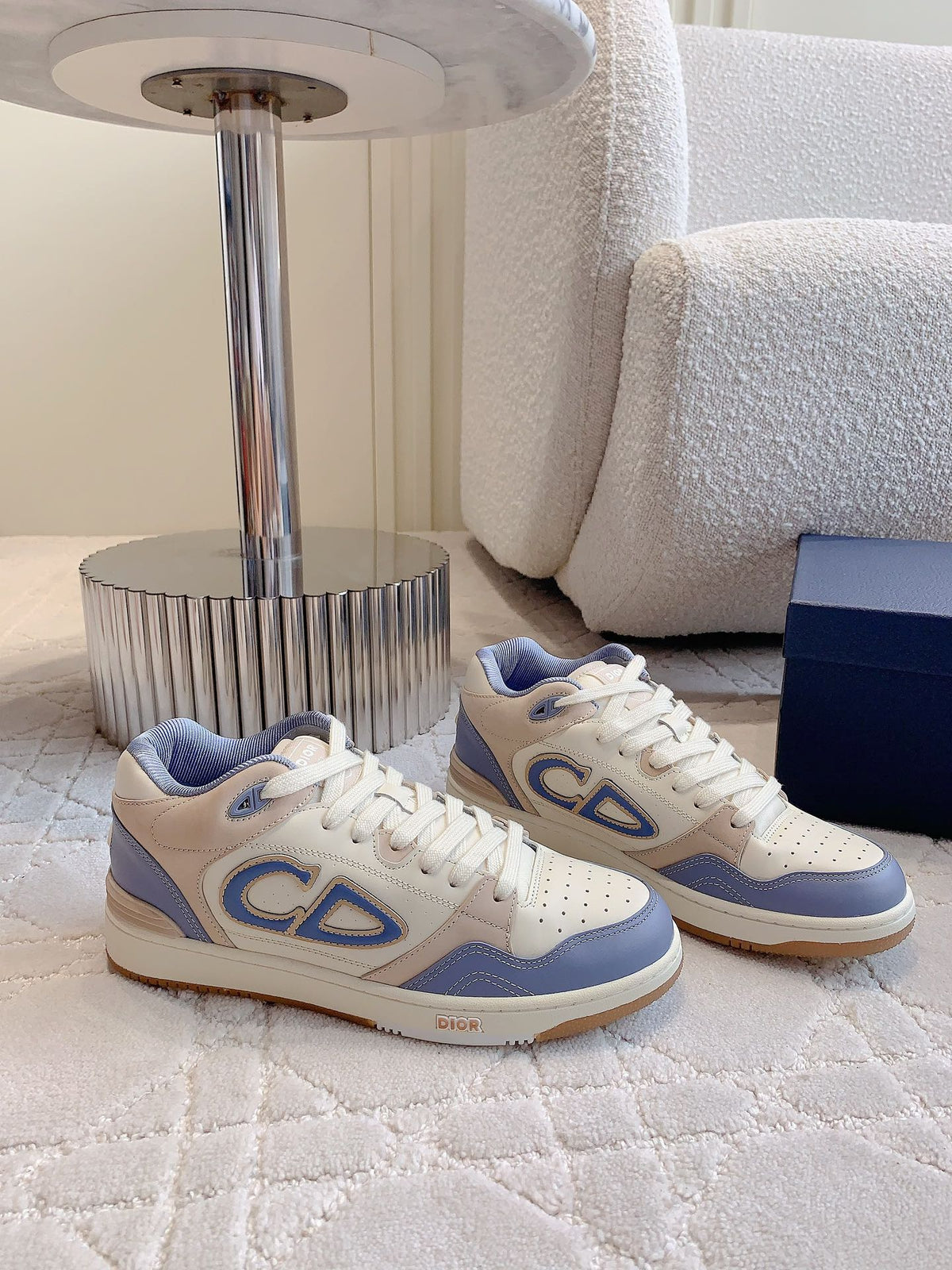 CD B57 Mid-Top Sneaker White Beige Mix Light Blue Calfskin And Oblique Jacquard