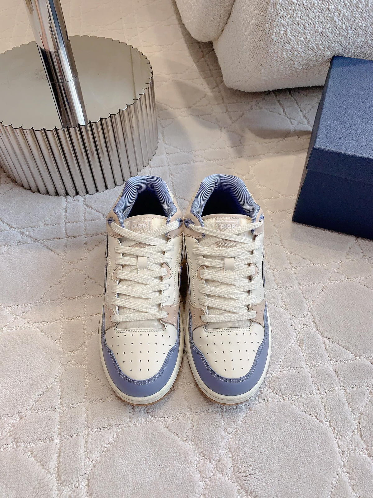 CD B57 Mid-Top Sneaker White Beige Mix Light Blue Calfskin And Oblique Jacquard